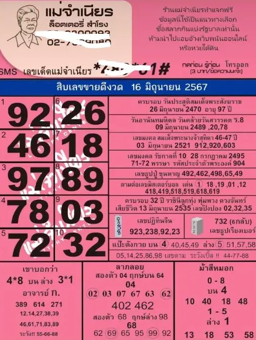 10 เลขเด็ดหวยแม่จำเนียรงวด 16 มิถุนายน 2567