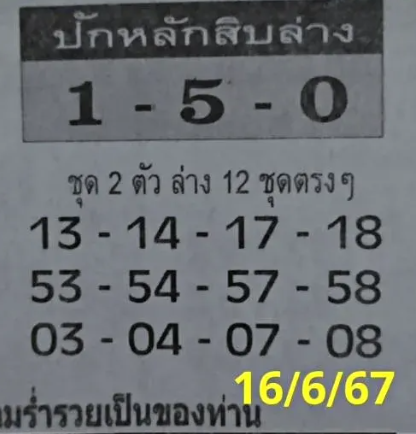 เลขปักหลักสิบล่าง งวด 16  มิถุนายน 2567