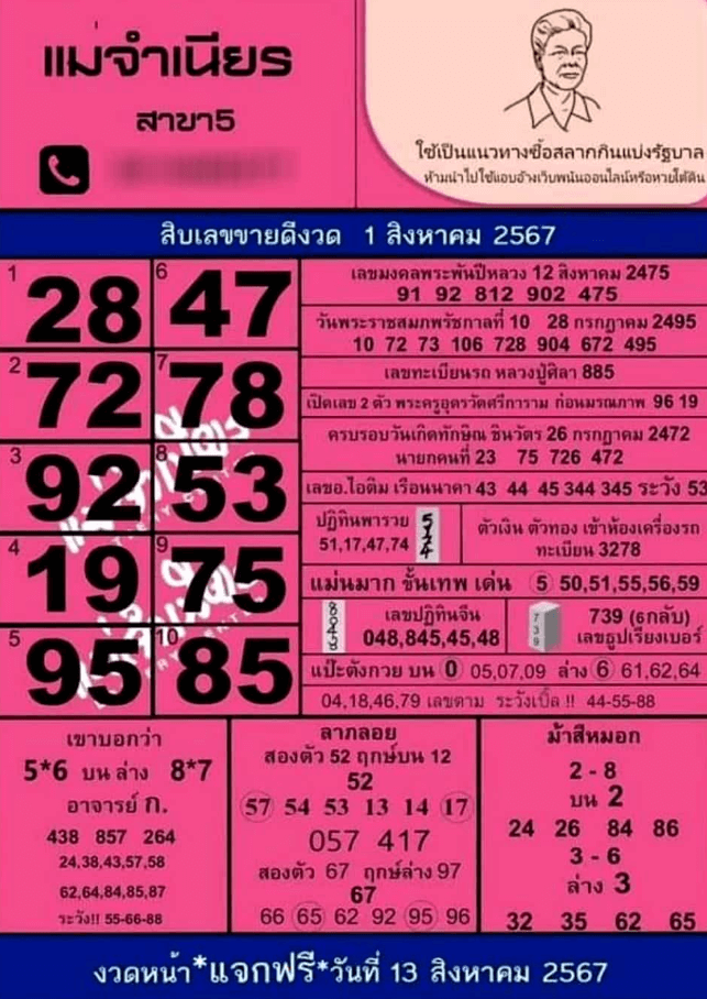 10 เลขเด็ดแม่จำเนียร งวด 1 สิงหาคม 2567