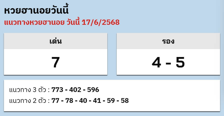 หวยฮานอย 17-6-68 ชุด9