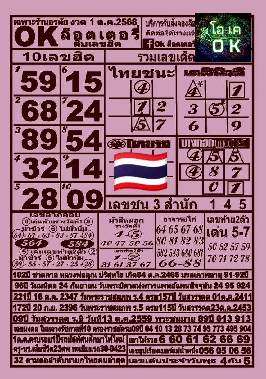 เลขเด็ด OK ล็อตเตอรี่ 1/10/68