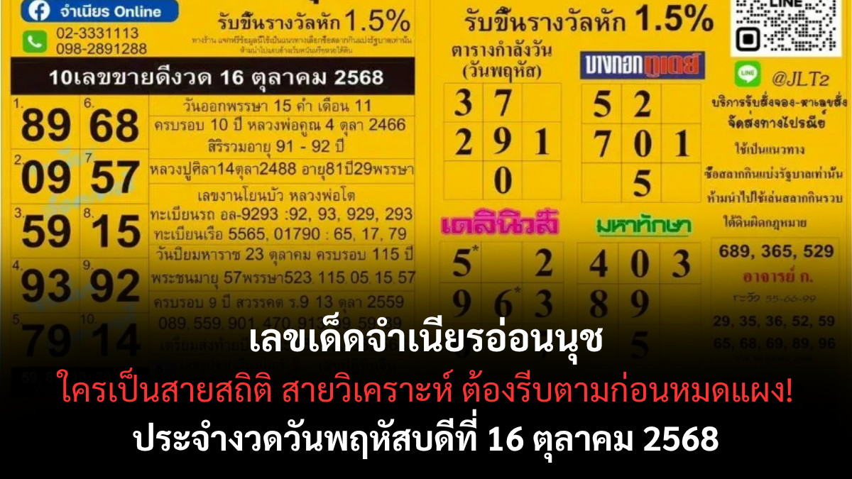 เลขเด็ดจำเนียรอ่อนนุช 16/10/68