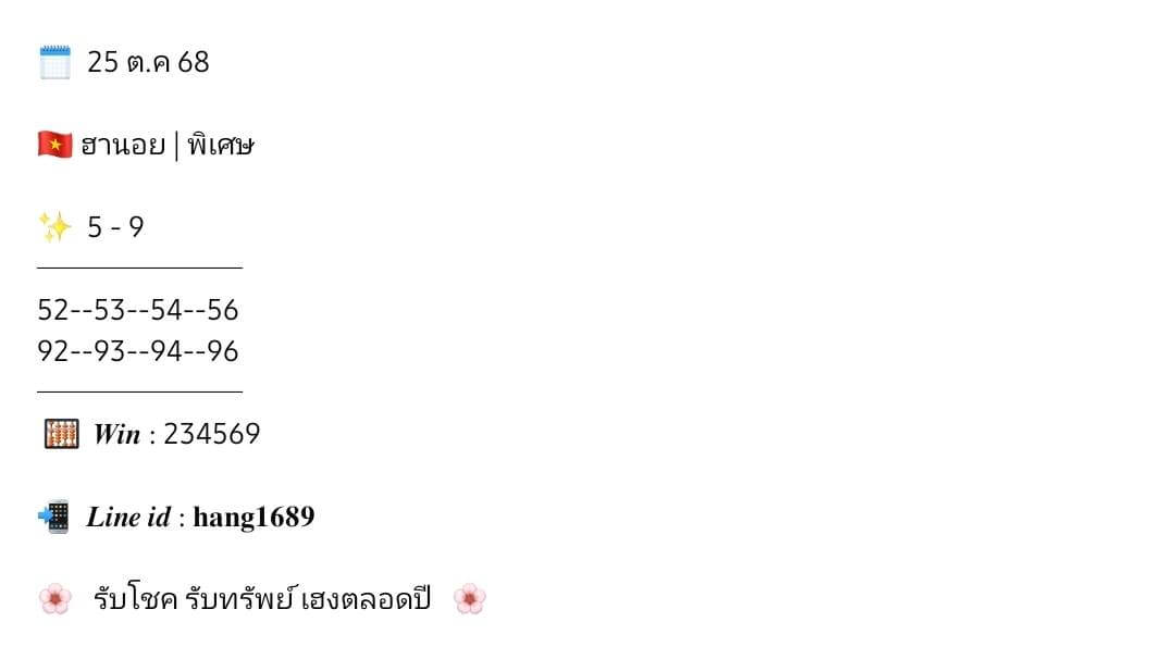 แนวทางหวยฮานอย 25/10/68 แนวทางหวยฮานอยวันนี้ออก งวดวันที่ 25 ตุลาคม 2568 หวยฮานอย 25-10-68 ชุด10