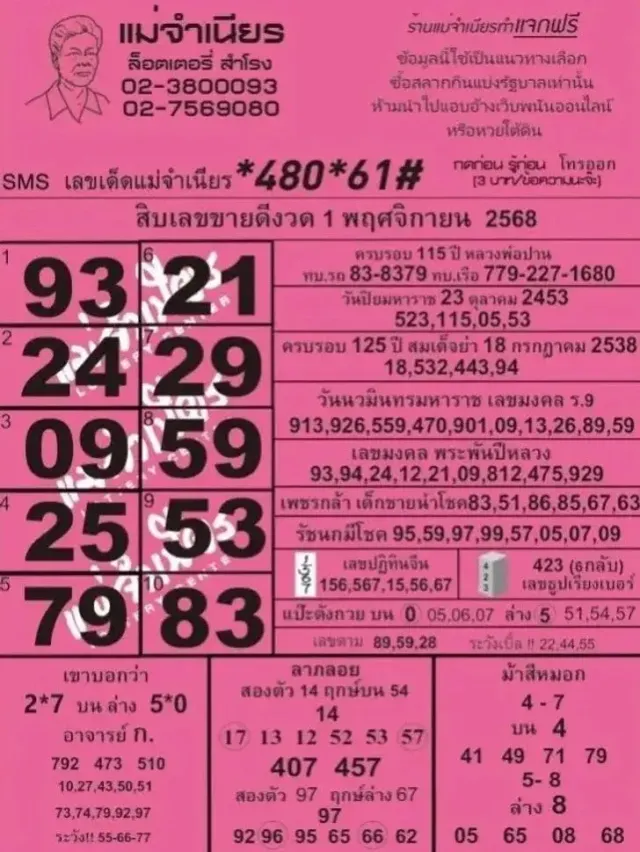 เลขเด็ดแม่จำเนียร งวด 1 พฤศจิกายน 2568 รวมเลขขายดีทั่วประเทศ เลขดังชนหลายสำนัก! เลขเด็ดแม่จำเนียร 1/11/68