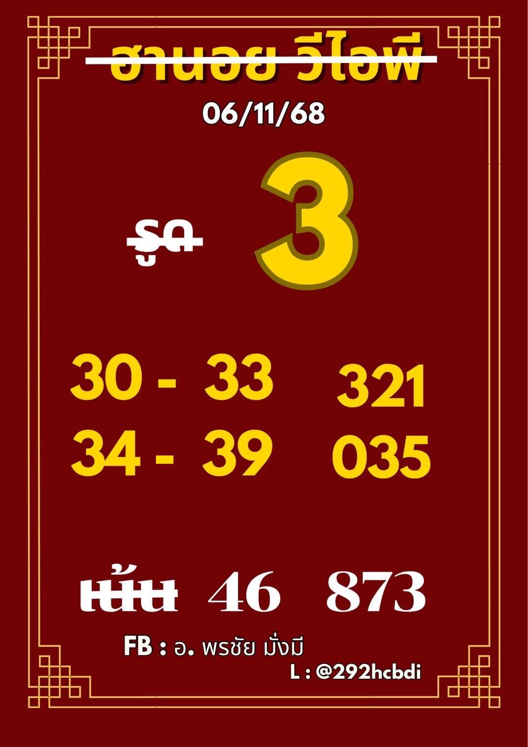 แนวทางหวยฮานอย 6/11/68 แนวทางหวยฮานอยวันนี้ออก งวดวันที่ 6 พฤศจิกายน 2568 หวยฮานอย 6-11-68 ชุด6