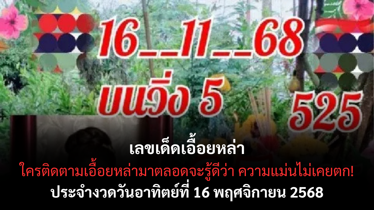 เลขเด็ดเอื้อยหล่า 16/11/68 เปิดโพยแนวทางแม่น ๆ งวดนี้เอื้อยมั่นใจมาแน่! เลขเด็ดเอื้อยหล่า 16/11/68