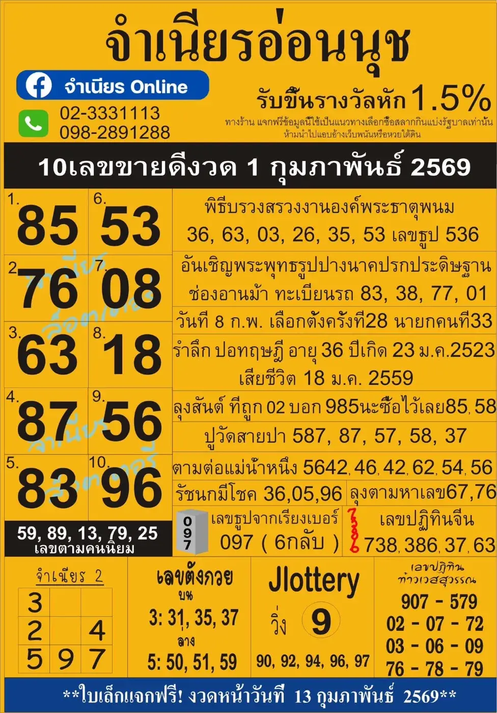 เลขเด็ดจำเนียร อ่อนนุช งวด 1 กุมภาพันธ์ 2569 แนวทางชื่อคุ้น คอหวยติดตามทุกงวด เลขเด็ดจำเนียร อ่อนนุช 1/2/69