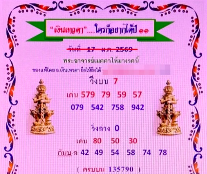 เลขเด็ดหวยเงินเทวดา 17 มกราคม 2569 พลังบุญหนุนทรัพย์ ลุ้นโชคงวดนี้อย่างมีความหวัง เลขเด็ดหวยเงินเทวดา 17/1/69
