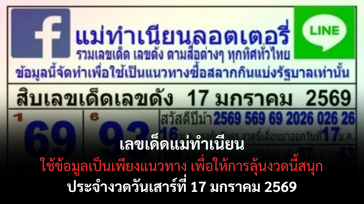 เลขเด็ดแม่ทำเนียน 17 มกราคม 2569 แนวทางเนียนตา แต่ลุ้นแรง งวดนี้ห้ามมองข้าม เลขเด็ดแม่ทำเนียน 17/1/69
