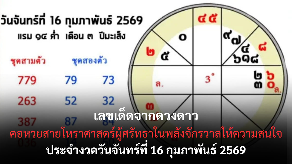เลขเด็ดจากดวงดาว งวด 16 กุมภาพันธ์ 2569 พลังจักรวาลเคลื่อนไหว ชวนลุ้นตามจังหวะฟ้า เลขเด็ดจากดวงดาว 16/2/69