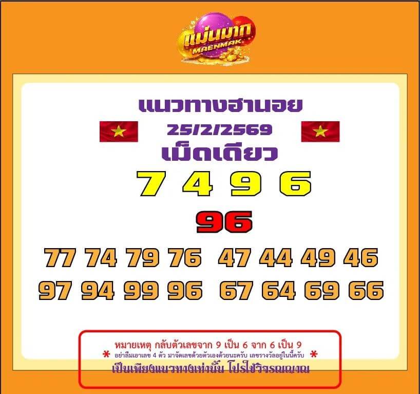แนวทางหวยฮานอย 25/2/69 แนวทางหวยฮานอยวันนี้ออก งวดวันที่ 25 กุมภาพันธ์ 2569 หวยฮานอย 25-2-69 ชุด2