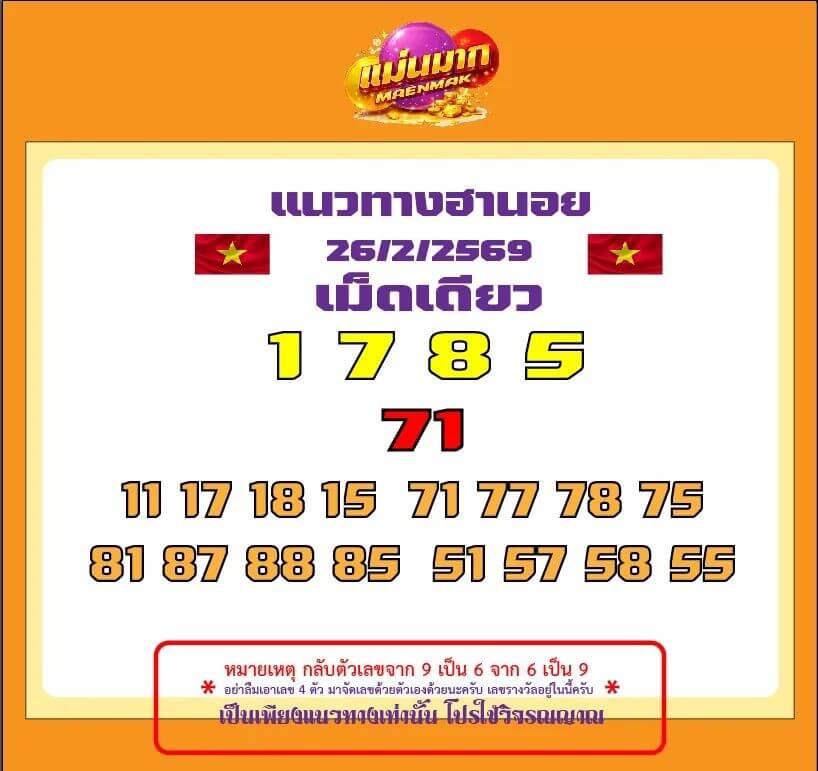 แนวทางหวยฮานอย 26/2/69 แนวทางหวยฮานอยวันนี้ออก งวดวันที่ 26 กุมภาพันธ์ 2569 หวยฮานอย 26-2-69 ชุด6