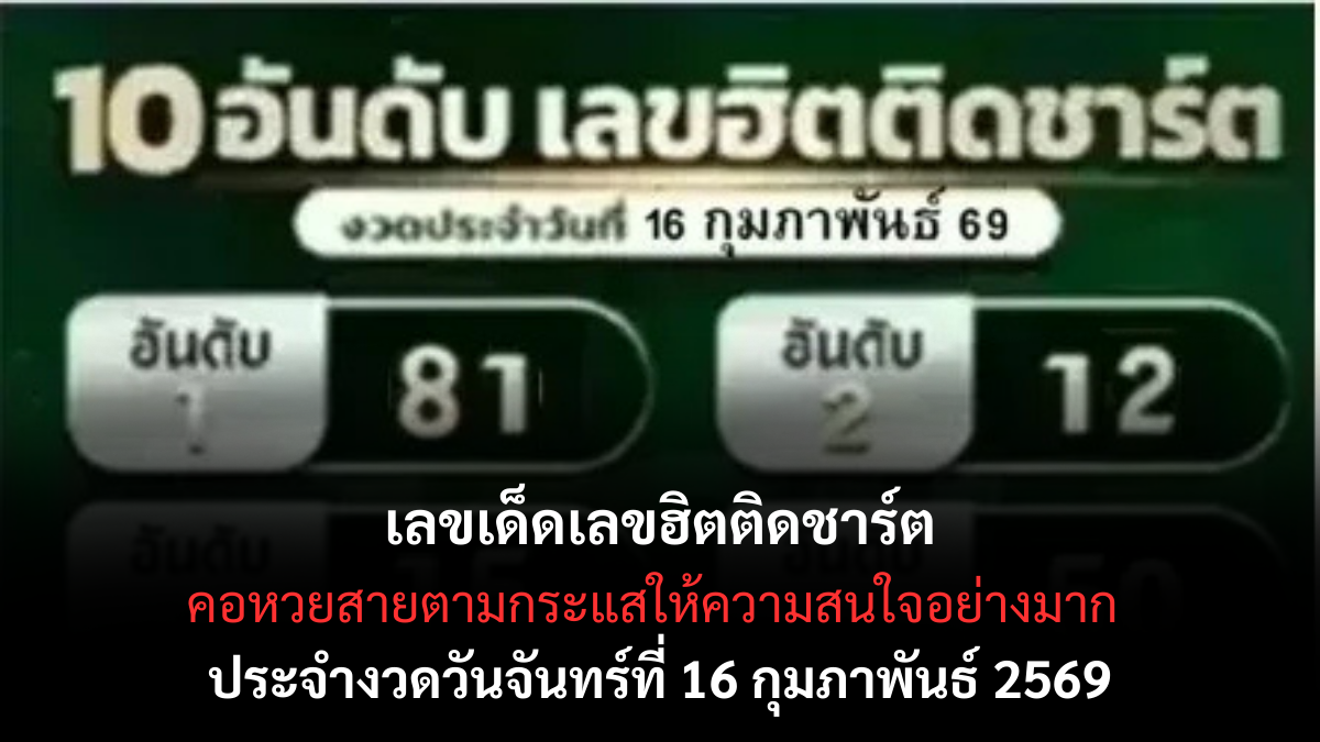 เลขเด็ดเลขฮิตติดชาร์ต งวด 16 กุมภาพันธ์ 2569 ตัวเลขมาแรง กระแสแรง คอหวยห้ามพลาด เลขเด็ดเลขฮิตติดชาร์ต 16/2/69