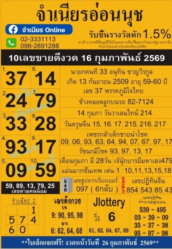เลขเด็ดจำเนียรอ่อนนุช งวด 16 กุมภาพันธ์ 2569 กระแสแรง สายลุ้นจับตาความแม่น เลขเด็ดจำเนียรอ่อนนุช 16/2/69