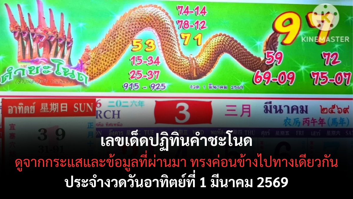 เลขเด็ดปฏิทินคำชะโนด งวด 1 มีนาคม 2569 ฤกษ์ศักดิ์สิทธิ์เปิดดวง พลังพญานาคหนุนโชค เลขเด็ดปฏิทินคำชะโนด 1/3/69