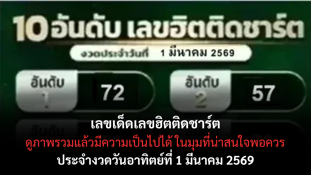 เลขเด็ดเลขฮิตติดชาร์ต งวด 1 มีนาคม 2569 กระแสแรงทะลุโซเชียล ใครไวมีลุ้นก่อน! เลขเด็ดเลขฮิตติดชาร์ต 1/3/69