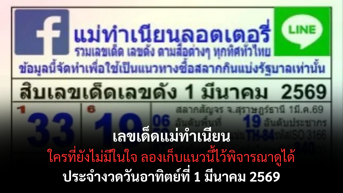 เลขเด็ดแม่ทำเนียน งวด 1 มีนาคม 2569 กระแสแรงต่อเนื่อง คอหวยจับตาความแม่น เลขเด็ดแม่ทำเนียน 1/3/69