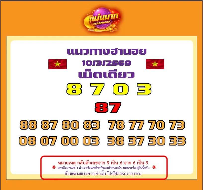 แนวทางหวยฮานอย 10/3/69 แนวทางหวยฮานอยวันนี้ออก งวดวันที่ 10 มีนาคม 2569 หวยฮานอย 10-3-69 ชุด2