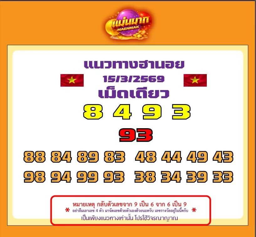 แนวทางหวยฮานอย 15/3/69 แนวทางหวยฮานอยวันนี้ออก งวดวันที่ 15 มีนาคม 2569 หวยฮานอย 15-3-69 ชุด1