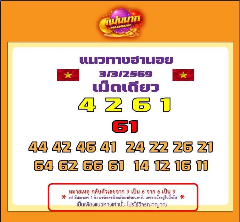 แนวทางหวยฮานอย 3/3/69 แนวทางหวยฮานอยวันนี้ออก งวดวันที่ 3 มีนาคม 2569 หวยฮานอย 3-3-69 ชุด3