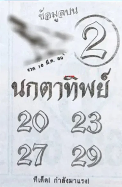 เลขเด็ดนกตาทิพย์ งวด 16 มีนาคม 2569 เปิดคำใบ้ลุ้นโชค โค้งกลางเดือนสายมูห้ามพลาด! เลขเด็ดนกตาทิพย์ 16/3/69