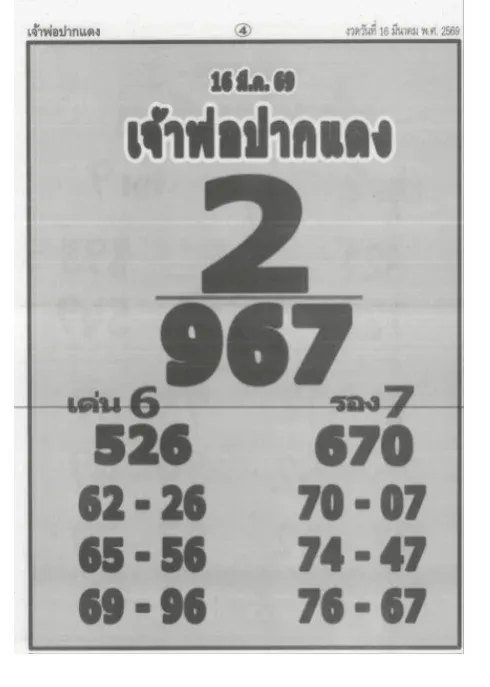 เลขเด็ดเจ้าพ่อปากแดง งวด 16 มีนาคม 2569 กระแสดังสายศรัทธา ลุ้นโชคกลางเดือน! เลขเด็ดเจ้าพ่อปากแดง 16/3/69