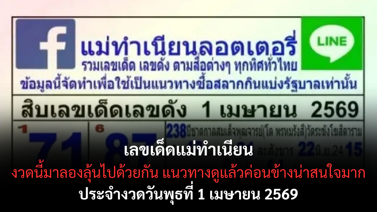 เลขเด็ดแม่ทำเนียน งวด 1 เมษายน 2569 กระแสมาแรงสายลุ้น โค้งต้นเดือนต้องรีบเช็ก! เลขเด็ดแม่ทำเนียน 1/4/69