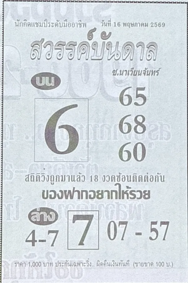 หวยสวรรค์บันดาล 16/5/69 มาแรงโค้งสุดท้าย คอหวยแห่ส่องเลขเด่น ลุ้นงวดนี้มีเฮ หวยสวรรค์บันดาล 16/5/69