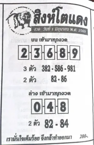หวยสิงโตแดง 1/6/69 เลขเด็ดล่าสุดมาแล้ว คอหวยแห่ส่องชุดเด่นโค้งสุดท้าย เปิดเลขเด็ด หวยสิงโตแดง 1/6/69 ที่นักเสี่ยงโชคจับตา