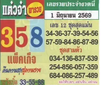 หวยแต๋วจ๋าพารวย 1/6/69 เลขเด่น 358 มาแรง คอหวยแห่ส่องชุดสองตัว-สามตัวก่อนวันออกสลาก หวยแต๋วจ๋าพารวย 1/6/69 เลขเด็ด 358 มาแรง คอหวยแห่ส่องก่อนหวยออก