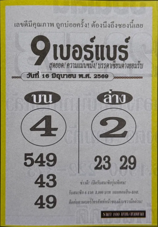 หวย9เบอร์แบร์ 16/6/69 คอหวยจับตาเลขเด่น 4 เลขล่าง 2 ชุดเน้น 549-43-49 กระแสแรงก่อนวันออกรางวัล หวย9เบอร์แบร์ 16/6/69