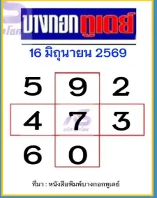 หวยบางกอกทูเดย์ 16/6/69 เลขเด่นมาแรง คอหวยจับตาเลขผังงวดนี้ หวยบางกอกทูเดย์ 16-6-69 เลขเด่นมาแรง