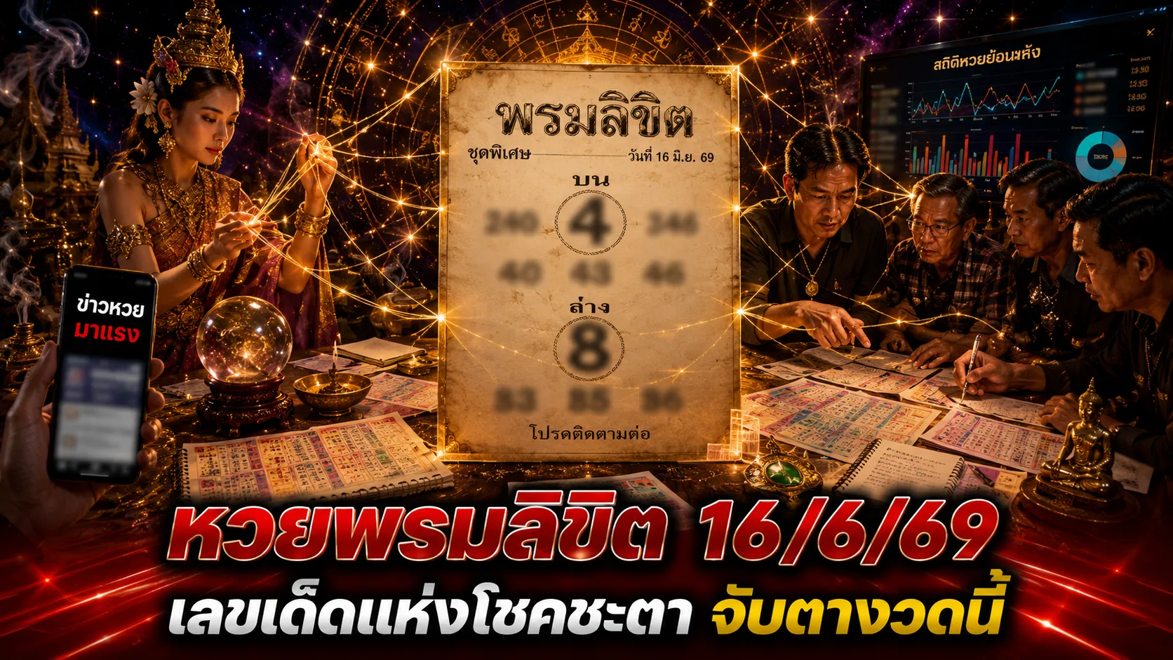 หวยพรมลิขิต 16/6/69 มาแล้ว เปิดเลขเด่นบน 4 ล่าง 8 คอหวยจับตาชุดสองตัวสามตัวโค้งสุดท้าย หวยพรมลิขิต งวดวันที่ 16/6/69 แนวทางเลขเด่นบนและล่างสำหรับคอหวยติดตามก่อนวันออกรางวัล