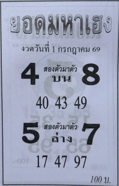 หวยยอดมหาเฮง 1/7/69 เลขเด็ดมาแรง 4-8 เด่นบน 5-7 เด่นล่าง หวยยอดมหาเฮง 1-7-69 เลขเด็ดมาแรง