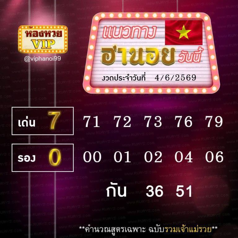 แนวทางหวยฮานอย 4/6/69 แนวทางหวยฮานอยวันนี้ออก งวดวันที่ 4 มิถุนายน 2569 หวยฮานอย 4-6-69 ชุด7