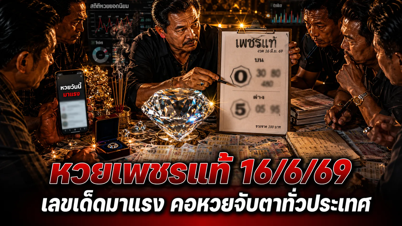 หวยเพชรแท้ 16/6/69 มาแล้ว คอหวยแห่ส่องเลขเด่น กระแสแรงก่อนวันออกรางวัล หวยดังงวดนี้ หวยเพชรแท้ 16/6/69 เปิดเลขเด่น 0 เลขรอง 5 วิเคราะห์ครบทุกชุดมาแรง
