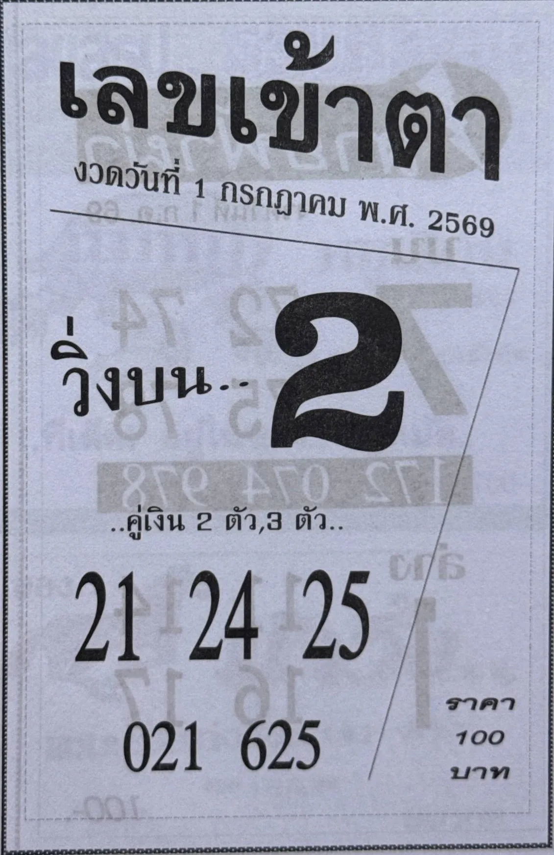 หวยเลขเข้าตา 1/7/69 เลขวิ่ง 2 มาแรง คอหวยจับตา พร้อมส่องเลขเด็ดงวดนี้ หวยเลขเข้าตา 1/7/69