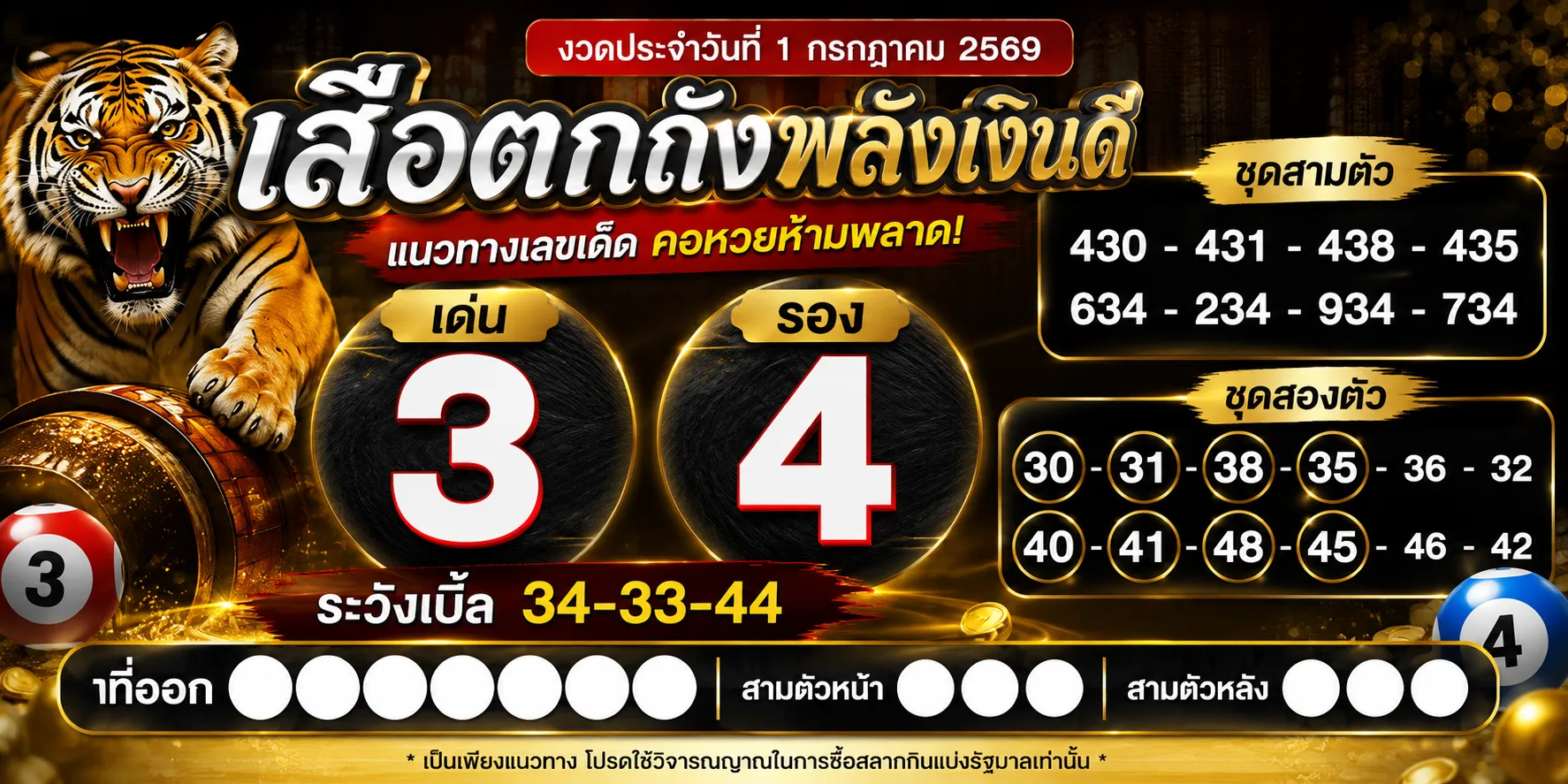 หวยเสือตกถัง 1/7/69 เลขเด็ดเด่น พร้อมส่องเลขสองตัวโค้งสุดท้าย หวยเสือตกถัง 1/7/69