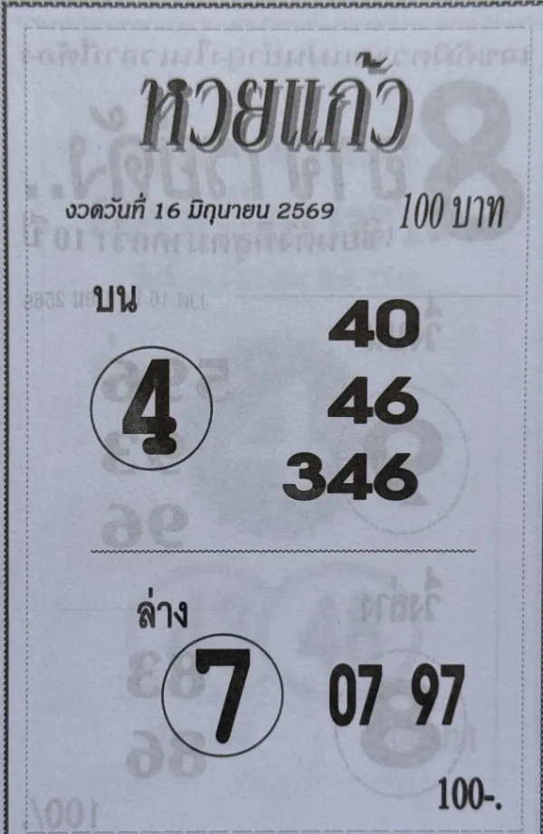 หวยแก้ว 16/6/69 มาแล้ว คอหวยจับตาเลขเด่น 4-7 แนวทางโค้งสุดท้ายก่อนลุ้นรางวัลใหญ่ หวยแก้ว 16/6/69