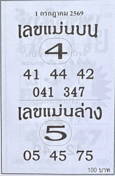 เลขแม่นบน เลขแม่นล่าง 1/7/69 เปิดโพยเด่น 4-5 มาแรง เลขแม่นบน เลขแม่นล่าง 1-7-69 เปิดโพยเด่น