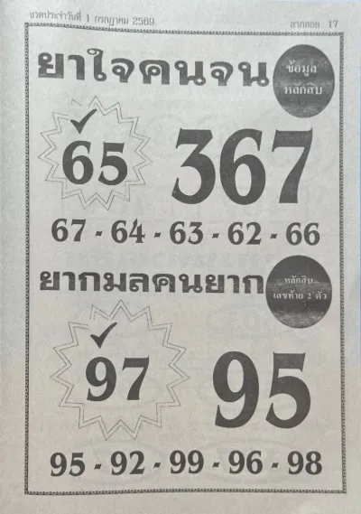หวยยาใจคนจน 1/7/69 คอหวยแห่ส่องแนวทางเลขดัง โค้งสุดท้ายก่อนลุ้นรางวัล หวยยาใจคนจน 1-7-69